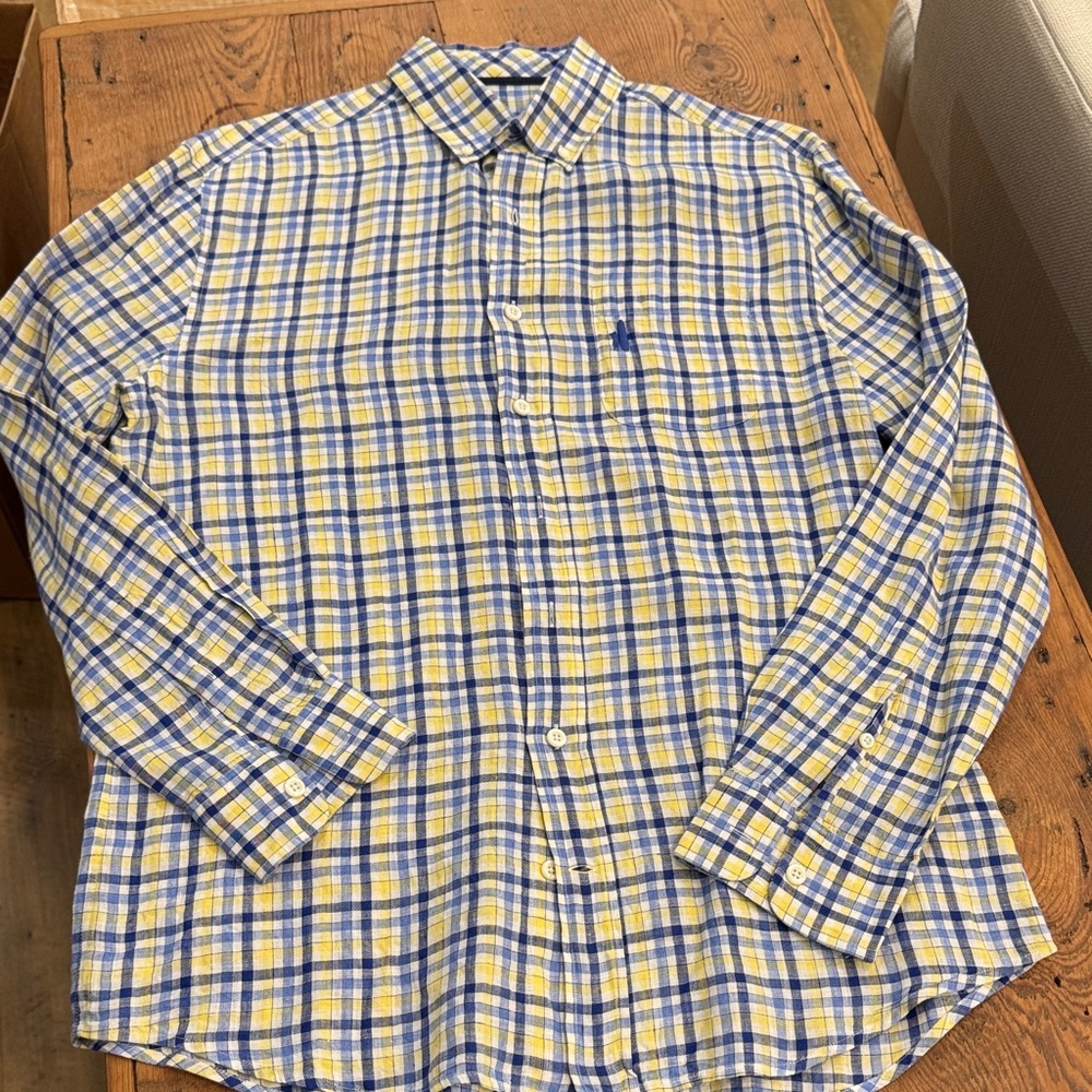 Johnnie O Blue and Yellow Linen Plaid Men's Shirt